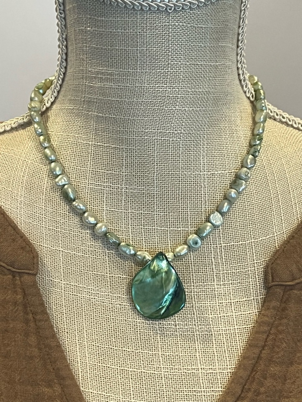 Green Pearl Necklace with Iridescent Shell Teardrop Pendant